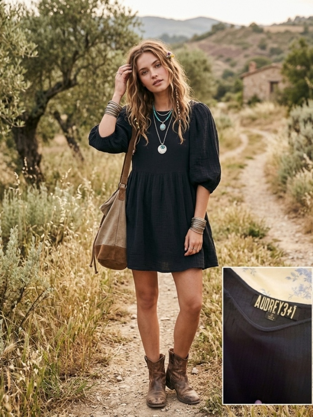 Navy Gauze Cotton Babydoll Mini Dress Puff Sleeve Small